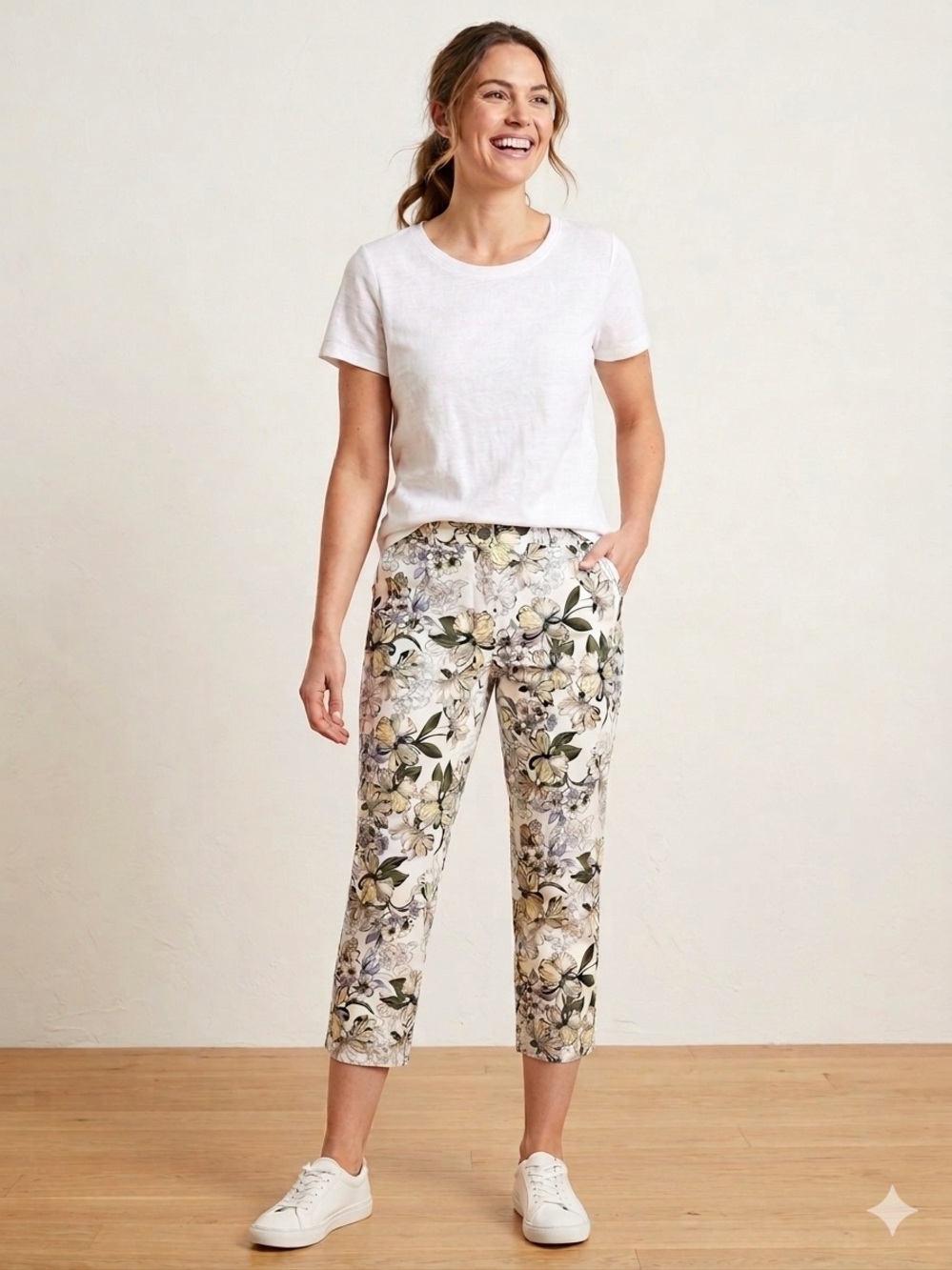 cleo Petites Floral cropped pants capris - White with Green & Blue Floral Print